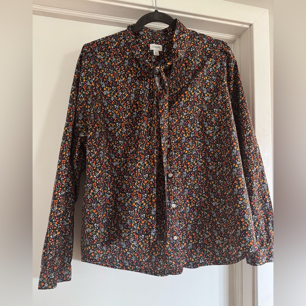 J. Crew Retro Floral Button-Up Blouse with Multicolor Ditsy Print and Ties XL - Picture 5 of 8